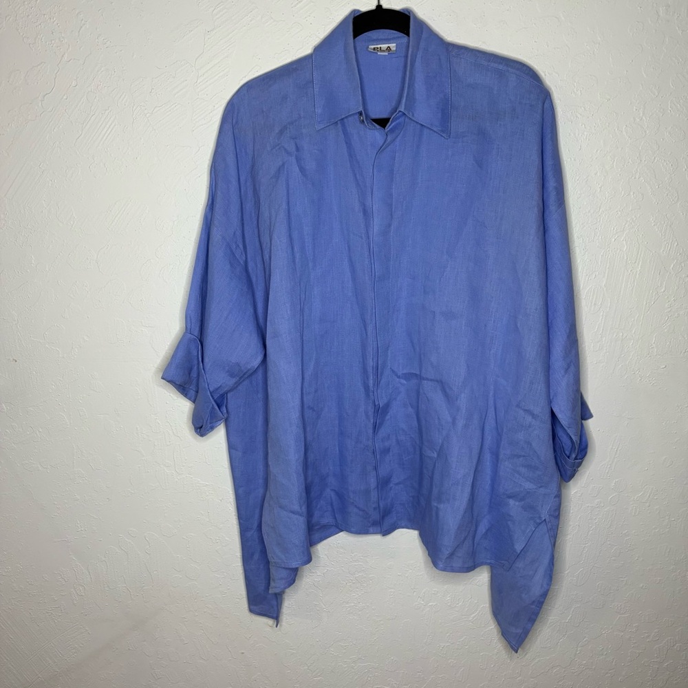 Planet 100% Linen Blue Button Up Shirt Blouse Top O/S Beach‎ Lagenlook Coastal